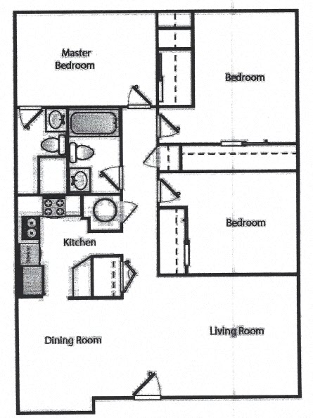 Floor plan for 3 beds, 2 baths, 1143 sqft